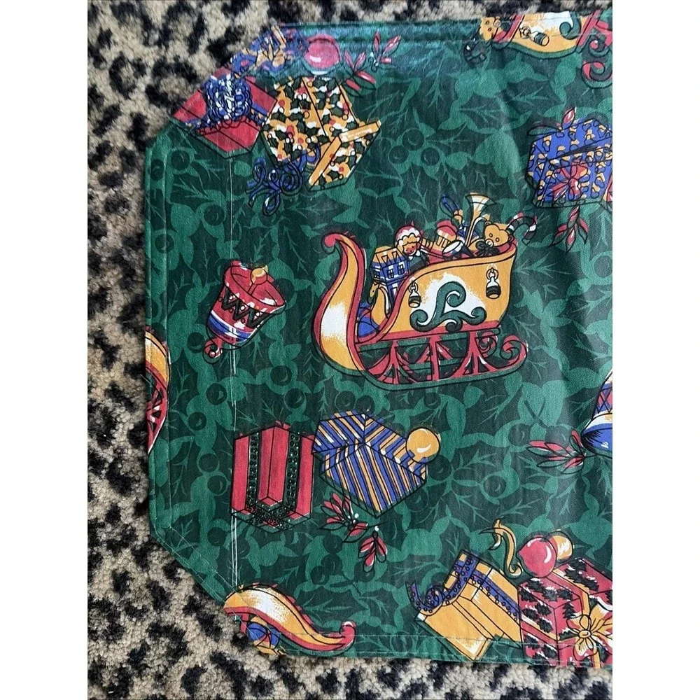 VTG Christmas Vinyl Placemats Set of‎ 2 Sleigh Toys Holiday Retro Green 80s/90s